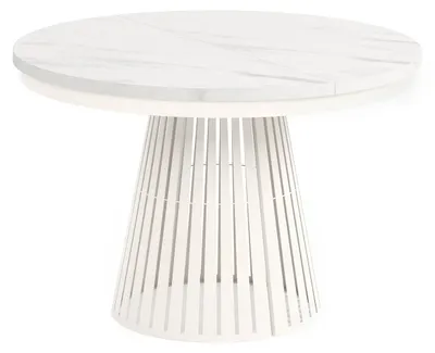 Produktbild von MEBLINI Esstisch Rund Ausziehbar aus Metall - 120-196x76cm - CONEY - Weiß Marmor/Kaschmir - Loft - Esszimmertisch Modern - Küchentisch - Ausziehtisch - Round Dining Table