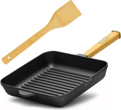 Produktbild von 26x26x5 cm Quadratische Grillpfanne aus Gusseisen  Holzgriff Pfannenwender Feuerpfanne