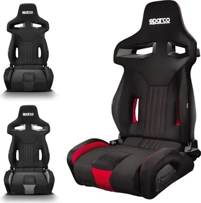 Three views of a black and red racing seat.