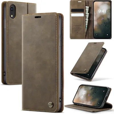Image de Étui en cuir pour iPhone XR, protection RFID, fermeture magnétique, fentes pour cartes et fonction stand Marron