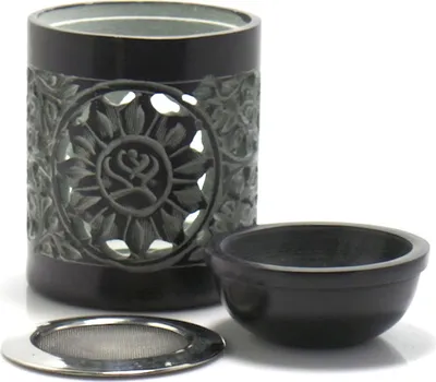 Produktbild von Räuchergefäß und Duftlampe aus schwarzem Speckstein inkl. Sieb – Sonnenlotus