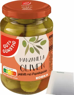 Produktbild von Gut & Günstig Gefüllte Manzanilla Oliven entsteint gefüllt mit Paprikapaste (340g Glas) + usy Block