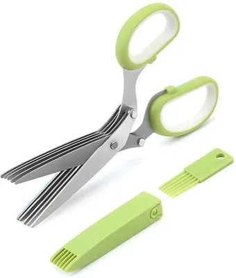 Image de Ciseaux de cuisine multifonctions Unyqoos® en acier inoxydable, avec 5 lames – poignée ergonomique en silicone, lavables au lave-vaisselle, avec peigne de nettoyage et capuchon de protection pour les herbes et les légumes