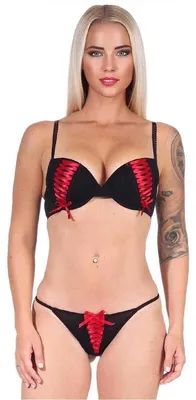 Produktbild von Damen Dessous Set Bügel BH Slip Push-Up String-Tanga Unterwäsche Rot 75 Cup C