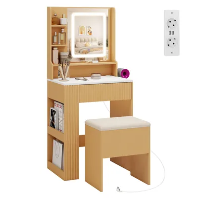 Produktbild von Puluomis Schminktisch mit LED-Beleuchtung, Steckdosenleiste, 3 Farbmodi dimmbar, Haartrocknerhalterung, Schublade und Hocker mit Stauraum 60x40x135cm