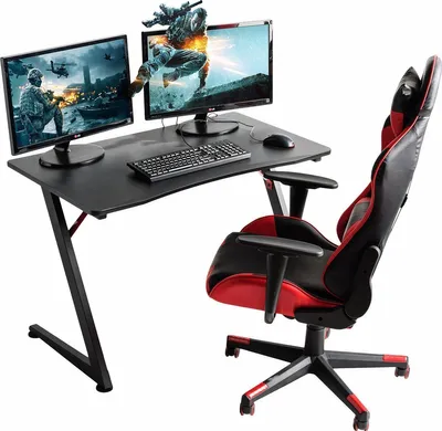 Produktbild von Gaming Tisch, Schreibtisch für Gaming Laptop oder PC, Gamer Computertisch, verstellbare Tischbeine aus Stahl, ergonomische PVC Kohlefaser Tischplatte 108 x 60 cm, schwarz