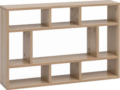 A light brown wooden wall shelf with multiple compartments against a white background.