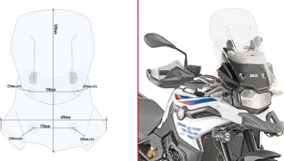 Zdjęcie produktu dla Szyba przednia Givi Airflow AF5127G przezroczysta, 470 mm x 490 mm z ABE - do BMW F850GS (18>23) i F750GS (18>23)