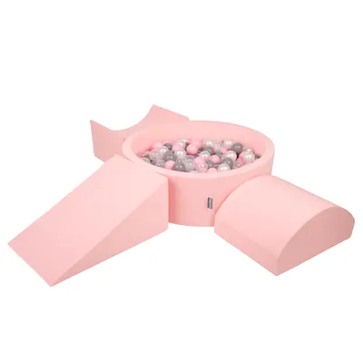 Obrázok produktu pre KiddyMoon Mäkké penové ihrisko pre deti s guľatým loptičkovým ihriskom (200 ∅ 7 cm) s mäkkými prekážkami a loptičkovým bazénom,  vyrobené v EÚ, Ružová: Perla/Grey/Transparentné/Púdrovo ru