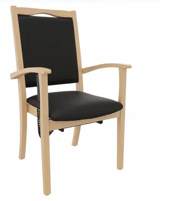 Produktbild von Seniorenstuhl Alexander Hochlehner mit Aufstehhilfe – Hochlehner Pflegestuhl mit Aufstehhilfe und Armlehnen – Massivholzstuhl stabil und Pflegeleicht.Stoffbezug:Kunstleder Soft Schwarz,Bodengleiter:Kunststoff Weiss