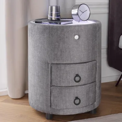 Produktbild von riess-ambiente Runder Nachttisch SIGNUM 55cm grau Samt inkl. Beleuchtung und Schubladen Nachtschrank Nachtkästchen