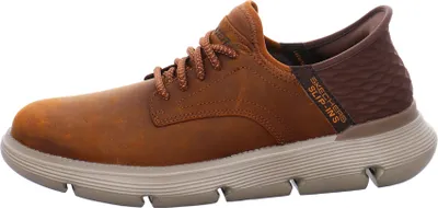 A side view of a brown Skechers slip-on shoe against a white background.