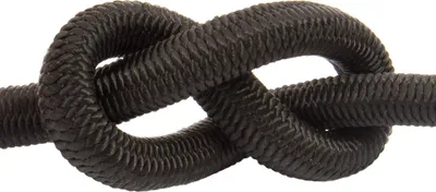 A close-up of a black elastic rope tied in a knot.