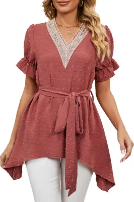 Produktbild von ASKSA Damen Chiffon Spitze Kurzarm Shirt V-Ausschnitt Tunika Bluse Einfarbig T-Shirts Oberteile, Rot, L