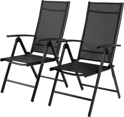 Immagine prodotto di Sedie da giardino Deluxe – Set da 2 – Sedie pieghevoli in alluminio – Schienale alto – Regolabile in 7 posizioni – Braccioli – Tessuto Teslin – Giardino, balcone e campeggio – Nero