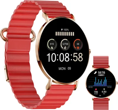 A red smartwatch with a gold bezel is displayed against a white background, with a smaller inset image of the same watch.