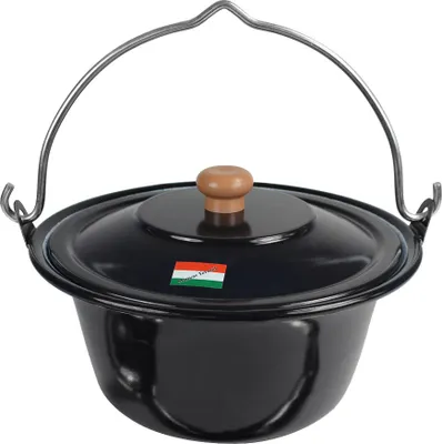 A black enamel pot with a lid and a metal handle, shown against a white background.