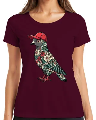 Immagine prodotto di T-shirt da donna con motivo di una colomba che indossa un berretto da baseball, fiori di ciliegio, stile giapponese urbano, ispirazione Y2K, con immagine di un uccello, colore bordeaux, taglia XXL