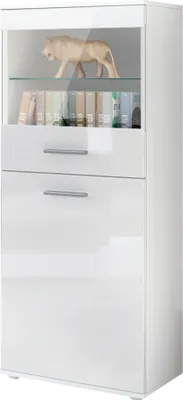Produktbild von Vladon Vitrine Almada,  Germany, Standvitrine mit 2 Türen, 4 Fächern und 1 Glaseinsatz, Weiß matt/ Weiß Hochglanz (53 x 125 x 30 cm)