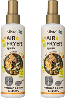 Two bottles of Albaöl Air Fryer Spray are shown side-by-side against a white background.