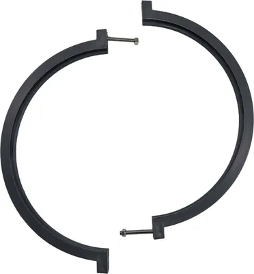 Two black curved plastic pieces with metal bolts, likely part of a larger assembly.