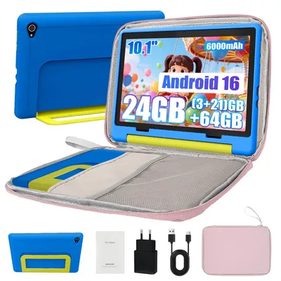 Produktbild von Kinder Tablet 10 Zoll, 64 GB ROM, 24 GB RAM, 6000mAh, Kindersicherung, WiFi 6, Android 16, mit Tragetasche
