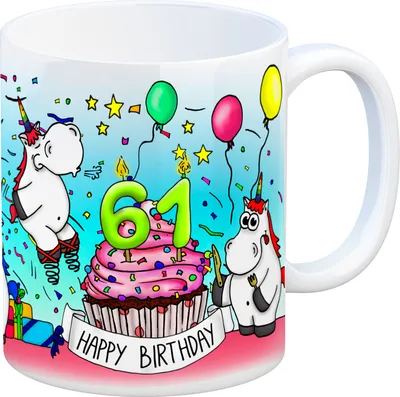 Produktbild von Honeycorns Tasse zum 61. Geburtstag mit Muffin und Einhorn Party Kaffeebecher