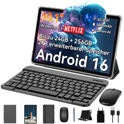 BESTTAB T20 10.1'' Android 16 Set Tablet, 24GB(8+16GB Erweiterbar) RAM+256GB ROM(2TB TF), mit Hülle/Stift/Maus/Tastatur, Widevine L1, 5G WiFi