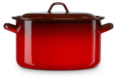 A studio shot of a red and brown enamel pot with a lid.