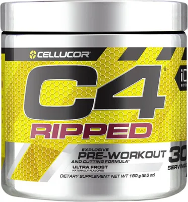 A product shot of a Cellucor C4 Ripped pre-workout supplement container.