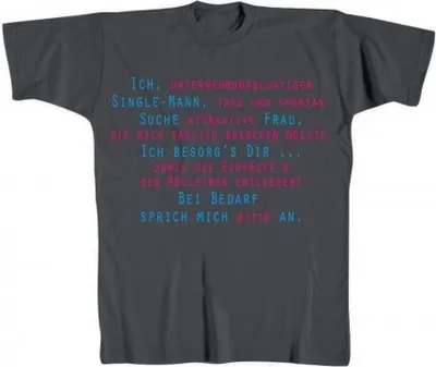 Produktbild von T-Shirt Uni - ICH UNTERNEHMUNGSLUSTIGER SINGLEMANN... - 09484 - Gr. S - XXL Größe - L