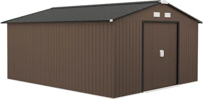 Zdjęcie produktu dla Domek ogrodowy Outsunny 12,4 m², z dachem dwuspadowym, drzwiami przesuwnymi, fundamentem, 386 x 340 x 200 cm, ocynkowany stalowy domek narzędziowy, odporny na warunki atmosferyczne, do ogrodu, brązowy