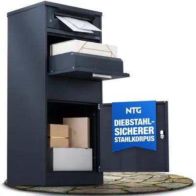 Produktbild von Paketbox für Draußen – Wetterfest & Abschließbar – Paketbriefkasten aus verzinktem Stahl Pakete bis 400x280x200mm – Inkl. 4 Schlüssel & Bodenmontage