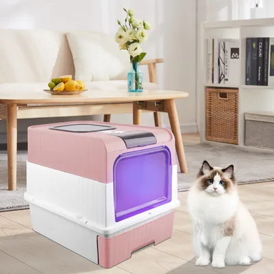 Image de Bac à litière avec lumière UV Grande litière avec bac extensible 35×49×37cm Rose