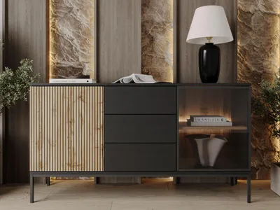 Produktbild von GrainGold Kommode Deo - Kommode mit Schubladen und Türen - Sideboard, TV-Kommode, LED-Beleuchtung, Kommode mit Glas - Kommode Graphit, Eiche Wotan