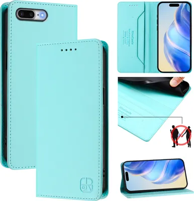 Produktbild von Lederhülle für iPhone 6s Plus / 7 Plus / 8 Plus Hülle Flip Brieftasche Kartenfächern Ständer Schutzhülle Türkis