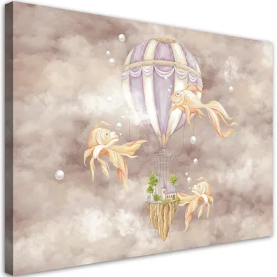 Produktbild von Leinwandbild Heißluftballon, fliegendes Haus und Fisch 90x60 Feeby Rosa bild für die wand bereit zum aufhängen