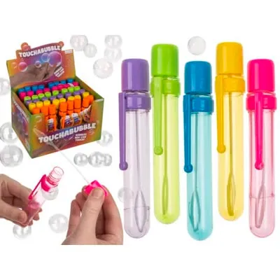 A display of colorful bubble wands and a box of bubble wands, with hands demonstrating how to use one.