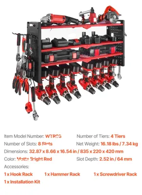 Image de Organisateur d'outils, fixation murale, étagère réglable, 4 niveaux