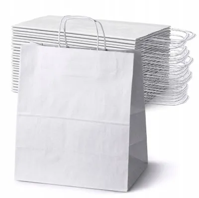 Zdjęcie produktu dla Białe torby papierowe o wymiarach 30x17x34 cm z skręcanym uchwytem – torby do transportu żywności (catering) – 25 sztuk