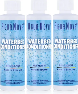 Three bottles of AguaNova waterbed conditioner are displayed side-by-side against a white background. The bottles have a blue label with water bubble graphics.
