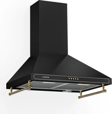 A black kitchen range hood with gold accents, shown against a white background.