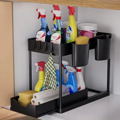 Produktbild von AIXPI Küchen Organizer 2 Etagen Unter Waschbecken Regal Haken Tasse Gewürzregal Spülschrank Badezimmer Küche Schwarz - 1 Set