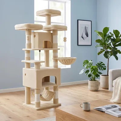 Produktbild von Fobyfurny Katzenkratzbaum, L, 3 Plattformen, 2 Höhlen, 7 Kratzbäume, Hängematte, Plüschbälle, Katzenkratzbaum für Mehrkatzenhaushalte, Beige