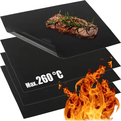 Productafbeelding van com-four® 4 stuks BBQ-grillmatten van Teflon - hittebestendige bakmat - antiaanbak grillfolie - grill- en bakondergrond - herbruikbaar, op maat te snijden, vaatwasmachinebestendig
