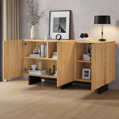 Produktbild von okwish Sideboard mit 3 Türen im Waffelgitter-Design, vielseitiger Wohnzimmerschrank großzügigem Stauraum,Holzoptik