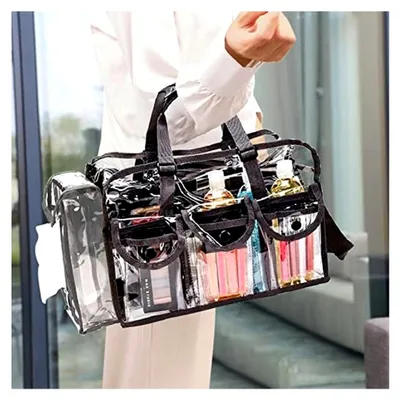 Produktbild von Transparente, wasserdichte Make-up-Handtasche mit 5 Außentaschen und Schultergurt
