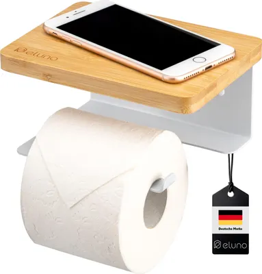 Produktbild von eluno Toilettenpapierhalter VARAZ mit Ablage aus Bambus, selbstklebender Toilettenpapierrollenhalter, aus weißem Metall