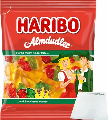 Produktbild von Haribo Almdudler Fruchtgummi mit Kräuter- Himbeer und Holundergeschmack (160g Beutel) + usy Block