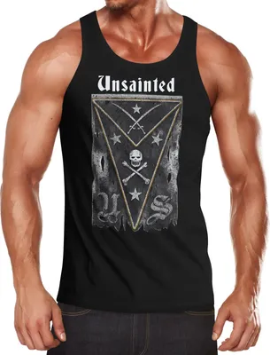 Produktbild von Herren Tank-Top Totenkopf Piratenflagge Aufschrift Unsainted Skull Muskelshirt Muscle Shirt Neverless® schwarz S